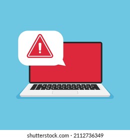 Laptop and warning symbol on monitor. Hacking mail or computer. Red display. Getting a pirated or infected letter.