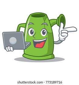 With laptop watering can character cartoon