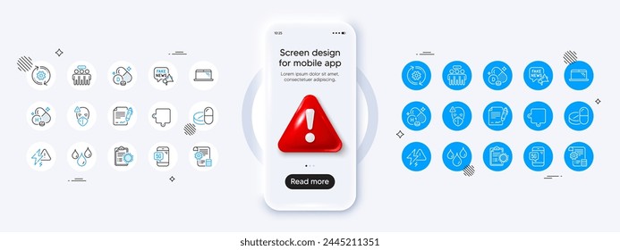 Laptop, Waterproof and Lightning bolt line icons. Phone mockup with 3d danger icon. Pack of Medical mask, Medical drugs, Employees group icon. Coronavirus report, Cogwheel, 5g phone pictogram. Vector