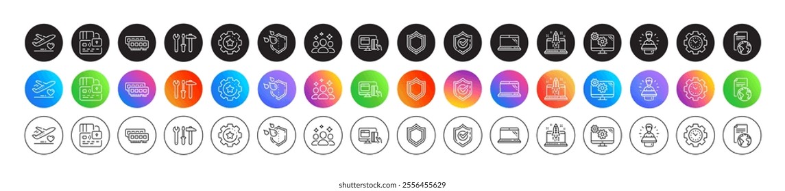 Laptop, Waterproof and Medical flight line icons. Round icon gradient buttons. Pack of Start business, Spanner tool, Time management icon. Card, Security, Squad pictogram. Vector