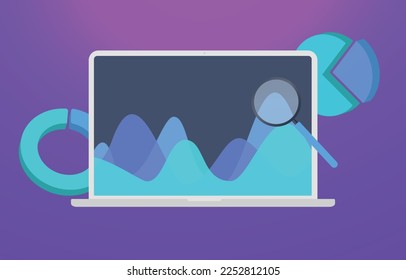 Laptop with wave charts, magnifying glass, data visualization and pie chart icons on the sides. Representing the tools and data analysis used in stock market or financial research