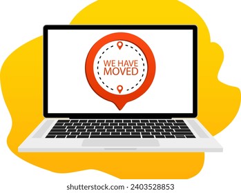 Laptop with we have moved line icon. Location, chain of stores, truck, moving, housewarming, road, loader. Vector icons for business and advertising