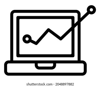 Laptop web icon with growth data chart graphic. Black isolated laptop with chart diagram infographic. Portable personal pc flat vector illustration.