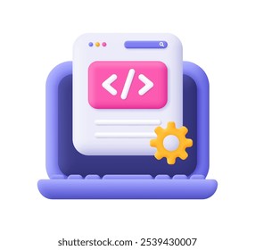 Portátil y página de Web con símbolo de código y rueda dentada. Desarrollo de Web y SEO, ingeniería de software, configuración y herramientas, concepto de programación y codificación. Icono de Vector 3D. Estilo minimalista de dibujos animados.