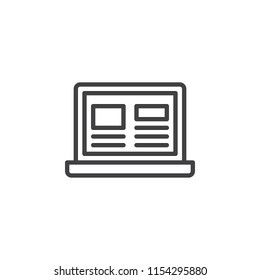 Laptop With Web Page On Screen Outline Icon. Linear Style Sign For Mobile Concept And Web Design. Online News Simple Line Vector Icon. Symbol, Logo Illustration. Pixel Perfect Vector Graphics