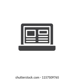 Laptop with web page on screen vector icon. filled flat sign for mobile concept and web design. Online news simple solid icon. Symbol, logo illustration. Pixel perfect vector graphics