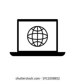 Laptop with web planet icon in black. Notebook and site. Display with internet symbol. Flat style design illustration. Suitable for web design, mobile app, template ui. White background. Vector EPS 10