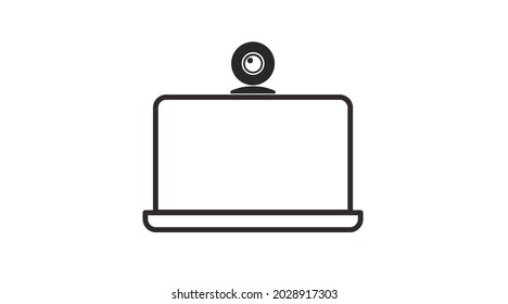 Laptop with Web vamera. Vector isolated editable black and white illustration