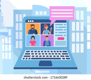 Laptop webinar on city background. Concept vector illustration. People chatting in a computer application on a laptop computer screen