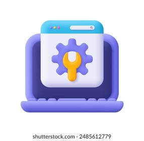 Laptop webpage browser with gear and wrench. Online support, settings, repair service and technical support concept. 3d vector icon. Cartoon minimal style.