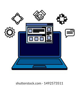 laptop with webpage template and set icons