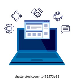 laptop with webpage template and set icons