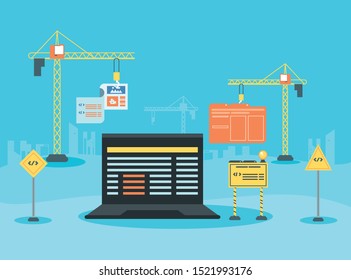 laptop with webpage under cosntruction vector illustration design