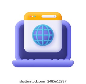 Laptop with webpage and world wide web symbol. Internet, globe hyperlink, browser and internet communication concept. 3d vector. Cartoon minimal style.