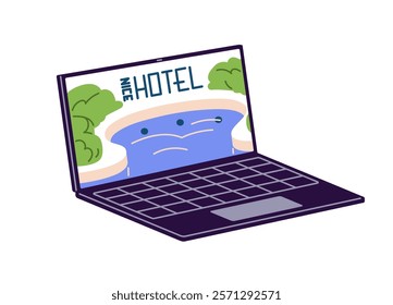 Laptop with website for booking hotel online on screen. Computer for planning travel, vacation journey, buy tickets in the Internet. Tourism. Flat isolated vector illustration on white background