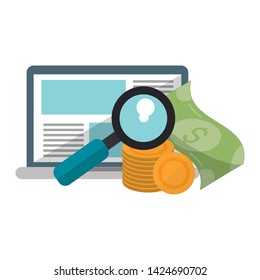 Laptop website browsing shopping with money and magnifying glass isolated vector illustration graphic design