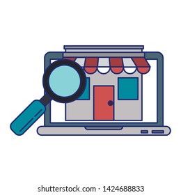 Laptop website browsing shopping with storefront and magnifying glass vector illustration graphic design