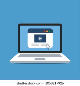 Laptop with the website on the screen. To watch video content online.
Browser and the mouse cursor on the screen. Vector illustration in flat style.