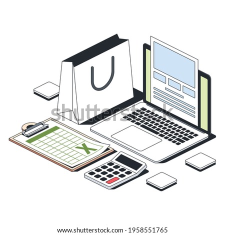 Laptop website, online store, tables and calculation. Vector 3d line isometric, color web icons, new flat style. Creative design idea for infographics.