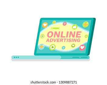 Laptop with website vector, online advertisement isolated icon. Social media communication, like and heart button, promotion and marketing of product