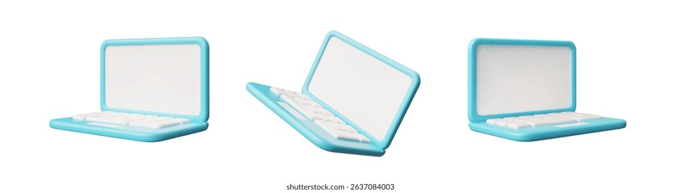 Laptop with white blank screen 3D cartoon vector icons set. Volume computer with keyboard and touchpad, view from different angles. Notebook portable device in blue case. Realistic gadget mock up