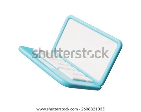 Laptop with white blank screen 3D plastic style vector icon. Volume computer with keyboard and touchpad. Cartoon notebook portable device in blue case. Realistic falling gadget mock up