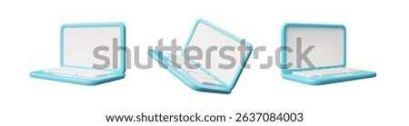 Laptop with white blank screen 3D cartoon vector icons set. Volume computer with keyboard and touchpad, view from different angles. Notebook portable device in blue case. Realistic gadget mock up