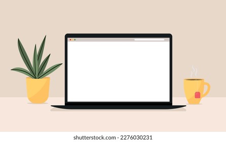Laptop with white blank screen for copying and text at work, flat vector illustration in a beautiful setting on a warm pastel background with a desktop