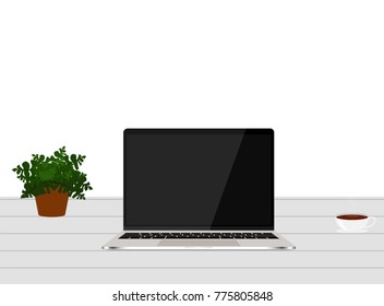 laptop white blank screen on work table front view