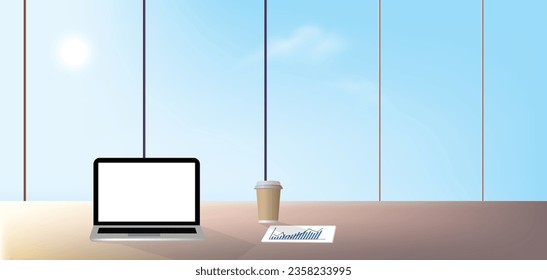 portátil con café de pantalla blanca y gráfico sobre papel en mesa de oficina con vector cielo limpio de ventana