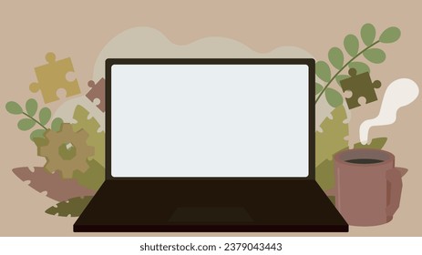 Laptop with white screen decorated with plants, pieces, gear and mug (brown)
