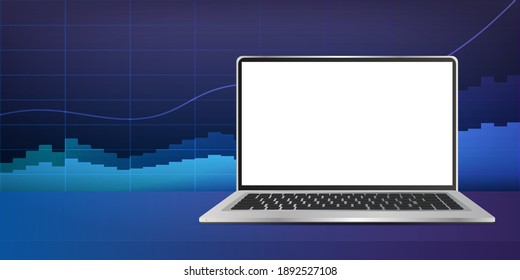 Portátil con pantalla blanca en el fondo de los gráficos financieros. Colores neones. El concepto de análisis, negocio o negociación en el mercado financiero. Vector.