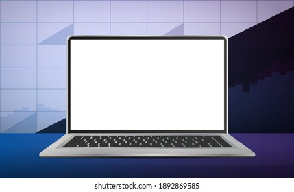 Laptop with white screen on the background of financial charts. The concept of analytics, business or trading on the financial exchange. Vector illustration.