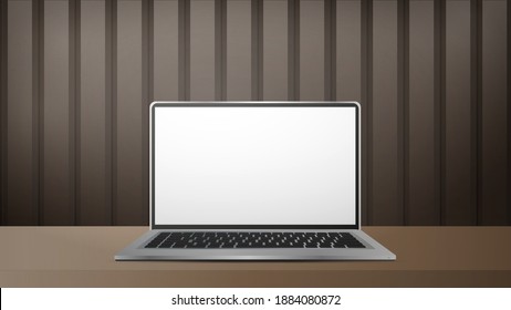 A laptop with a white screen is on the table. Striped brown realistic poster Background with metal or glossy wood. Realistic vector.