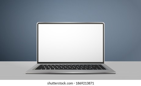Un ordenador portátil con pantalla blanca. Se sienta sobre la mesa. Mesa de madera clara. Lugar de trabajo. Plantilla lista para diseño publicitario. Vector realista.