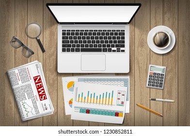 Laptop with white screen and stationery on table. Analysis of financial graphs and charts. Vector illustration.