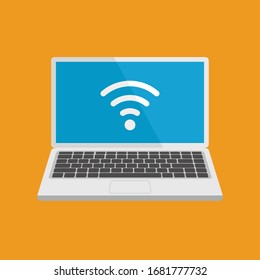 Laptop with wi fi signal on a display. Vector computer screen template. Isolated. Wi-Fi concept.