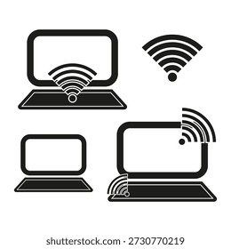 Laptop Wi-Fi. Drahtlose Netzwerk-Vektorgrafik. Computer-Internetsignal. Online-Verbindungssatz. EPS 10.