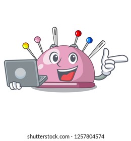 With laptop wicker basket on a pincushion cartoon