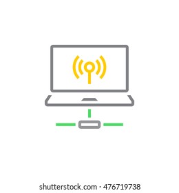 Laptop wifi connection line icon, outline vector logo, linear pictogram isolated on white, pixel perfect illustration