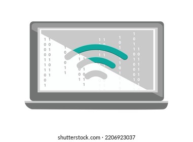 Portátil con Icona Wifi y códigos binarios. Imágenes prediseñadas editables.