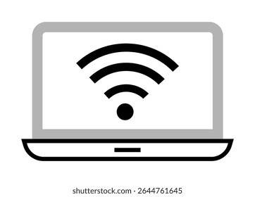 Laptop with wifi sign on it screen icon, on transparent background, flat line design, vector illustration