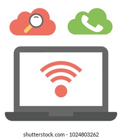 Laptop with wifi signals and cloud services flat icon