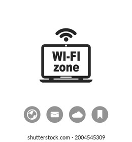 Laptop with Wi-Fi zone label. Vector icon.