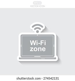 Laptop with Wi-Fi zone label. Vector icon.