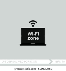 Laptop with Wi-Fi zone label. Vector icon.