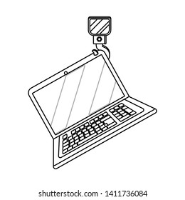 laptop wih crane hook in black and white