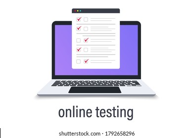 Laptop with window online testing form. Online exam. Computer with Online form survey. Knowledge test concept. Exam document icon, online results, internet test. Checklist with accepted right answer