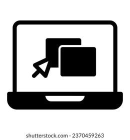 Laptop with windows and pointer solid icon, online education concept, Website on laptop sign on white background, several web page on screen icon in glyph style for mobile. Vector graphics