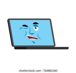 Laptop winks emoji face avatar. Computer lucky emotions. PC cheerful. Vector illustration
